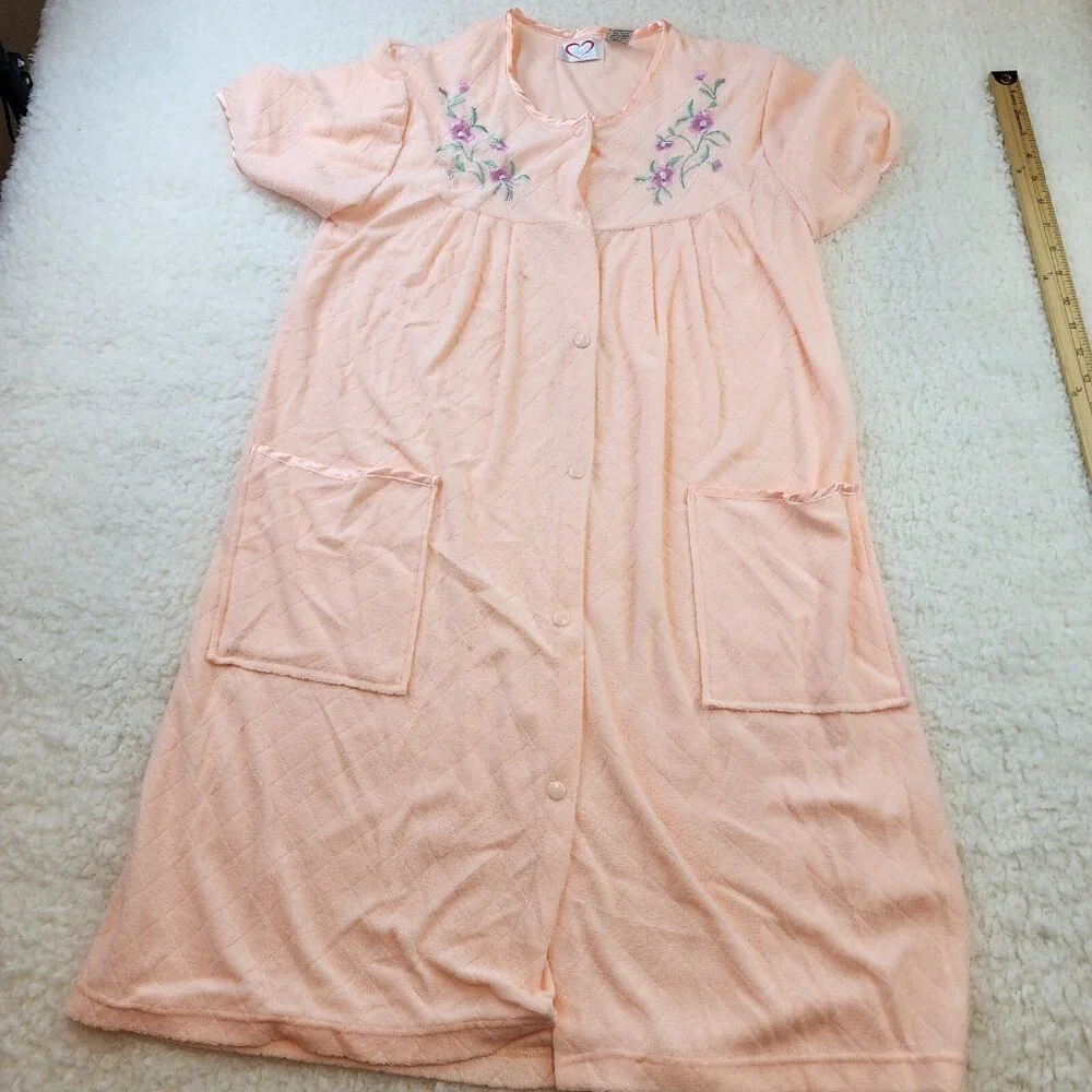 VTG House Coat S Pastel Blue Pink Floral 2pc Snap Button Grandmacore Cottagecore - Picture 9 of 12